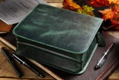 Galen Leather Zippered 40 Slot Pen Case - Crazy Horse Forest Green -Office Supply Series Store GalenLeather Zippered40SlotPenCase CrazyHorse ForestGreen 1